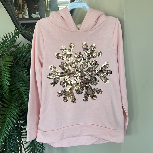 Brand New Btween Pink Pullover Furry Hooded Sweatshirt Sequined Snowflake Winter - Picture 12 of 15